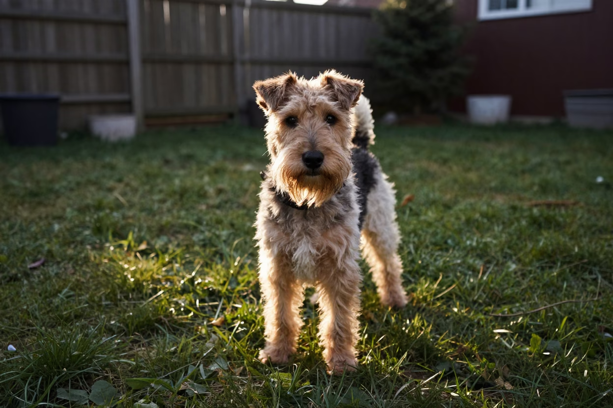 Lakeland Terrier Portrait in Kastamonu Yard in in a small yard with clipped grass, calm light, and the animal centered in frame in Kastamonu