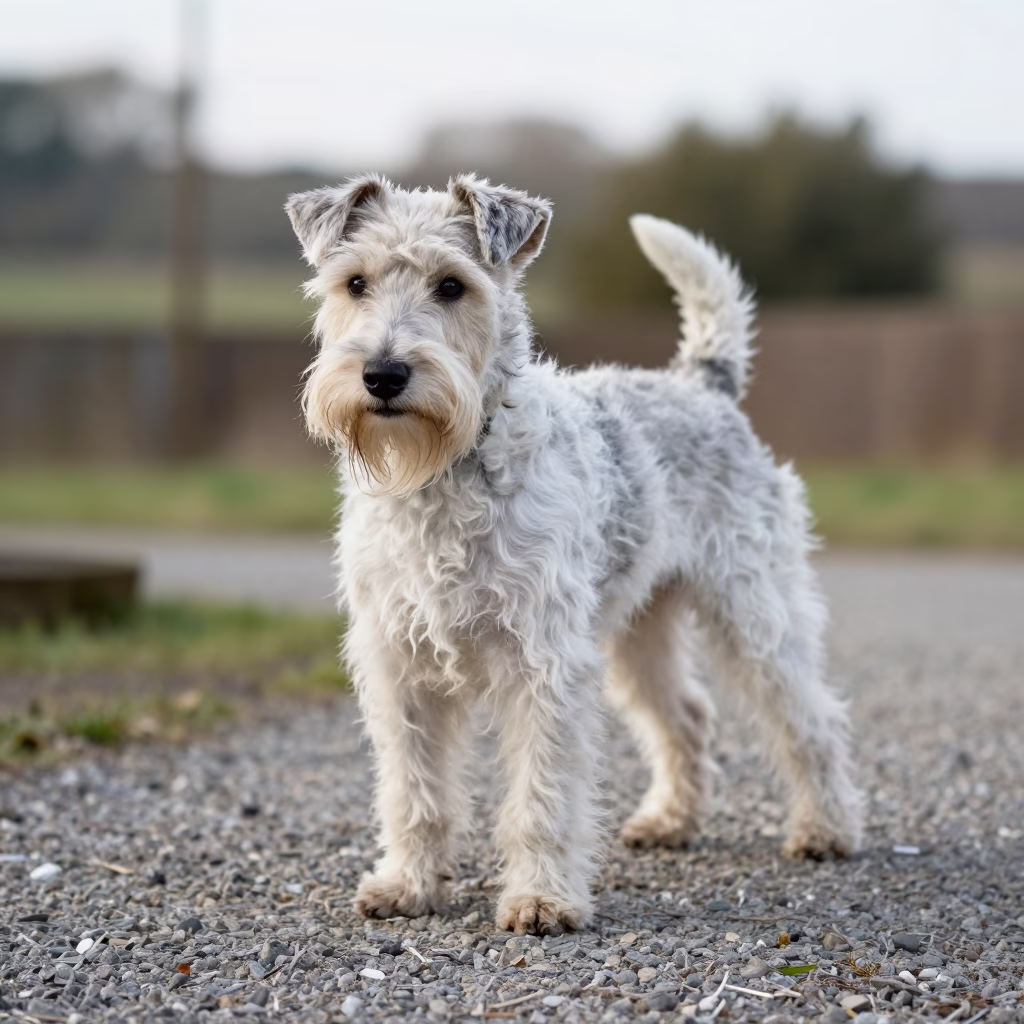 Lakeland Terrier Portrait Near Sumbe Garden Edge in near a garden edge with soft morning light and an uncluttered background near Sumbe