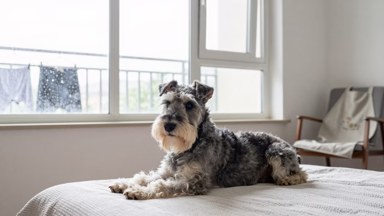 Lakeland Terrier Resting Near Window in Guiyang Home in on a bedspread near a bright window with calm indoor light near Guiyang