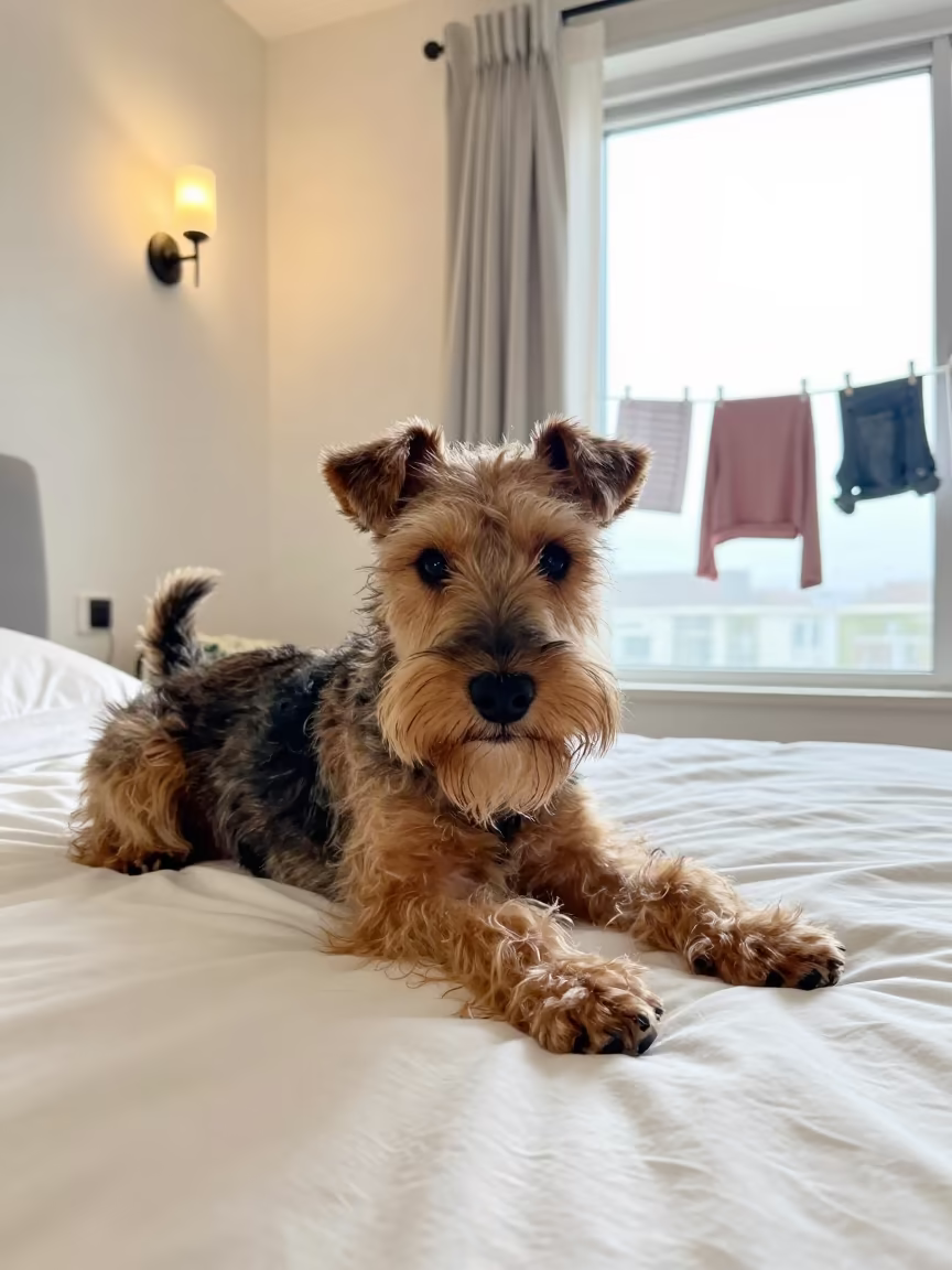 Lakeland Terrier Resting on Bedspread Near Window in on a bedspread near a bright window with calm indoor light in Puerto La Cruz