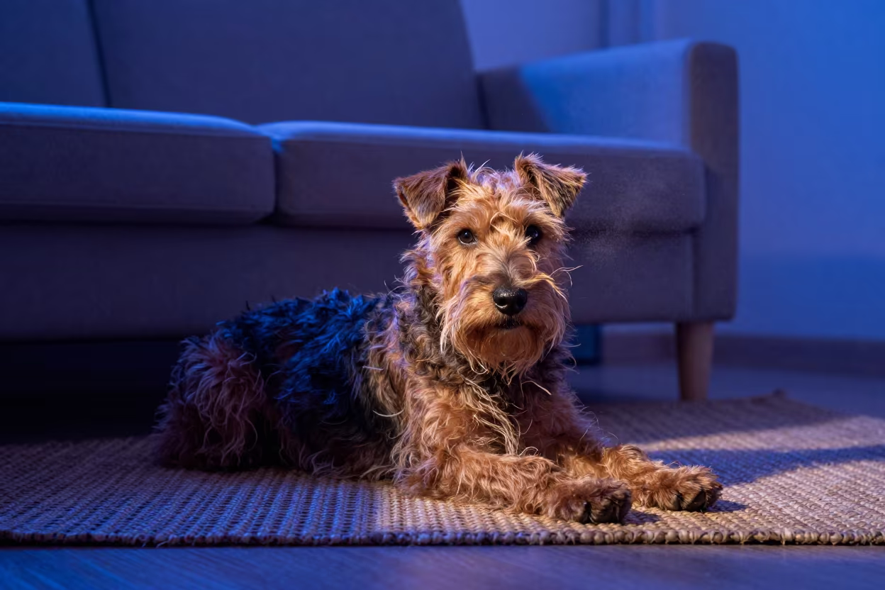 Lakeland Terrier Resting on Rug in Kirkuk Twilight in on a woven rug beside a low couch and an uncluttered wall in Kirkuk