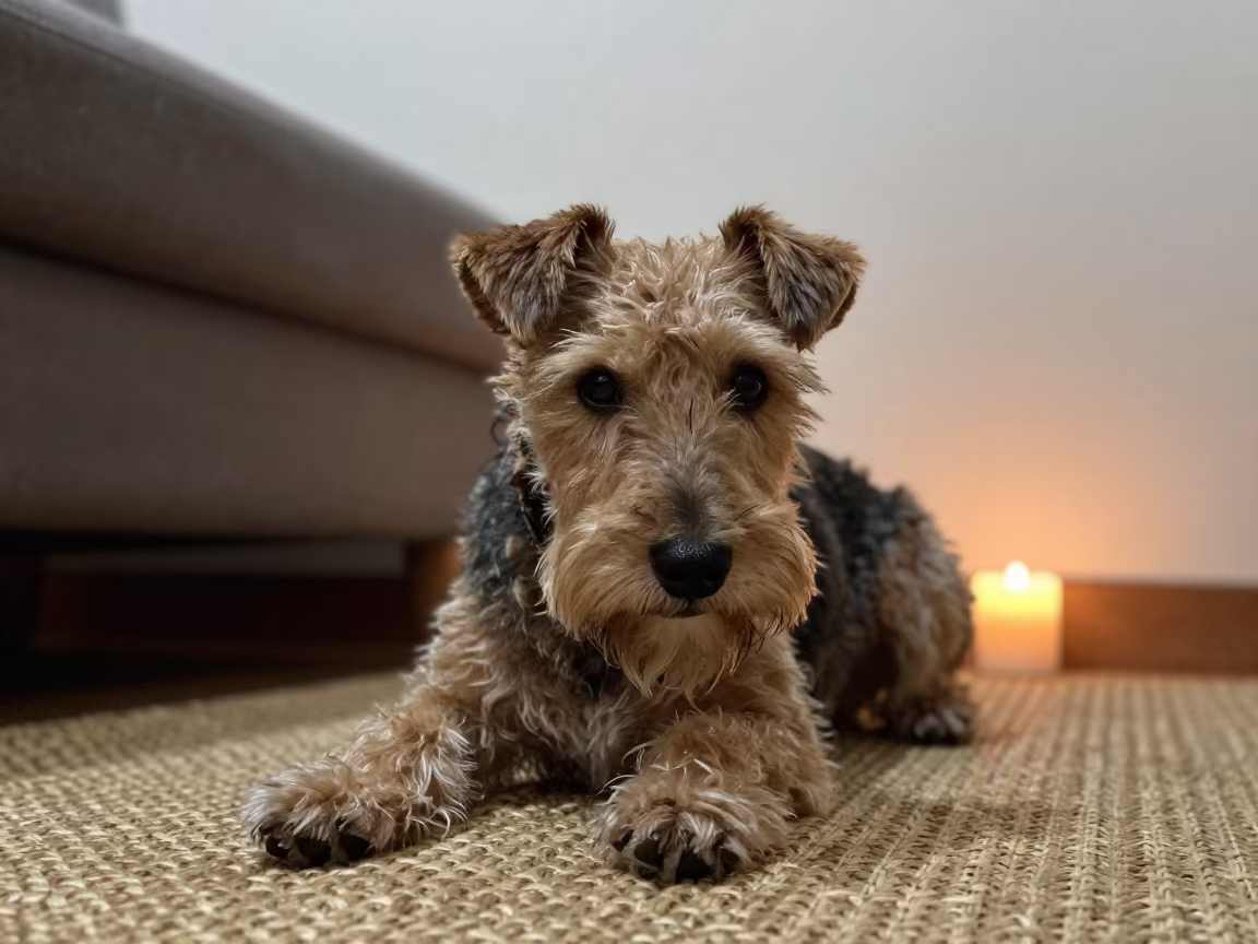 Lakeland Terrier Resting on Woven Rug in Hadejia Home in on a woven rug beside a low couch and an uncluttered wall near Hadejia