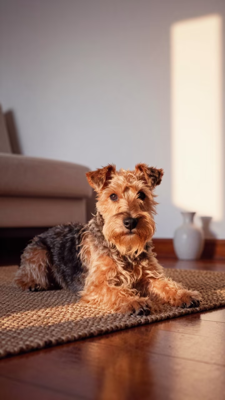 Lakeland Terrier Sunset on Woven Rug in La Victoria in on a woven rug beside a low couch and an uncluttered wall in La Victoria