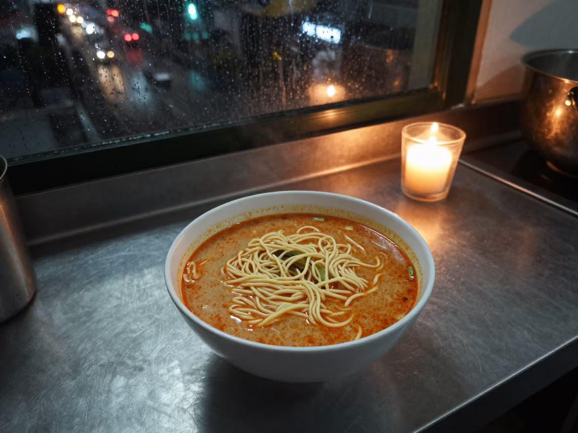 Laksa Bowl Candlelit Kitchen Mogadishu Rain in on a kitchen worktop in Mogadishu