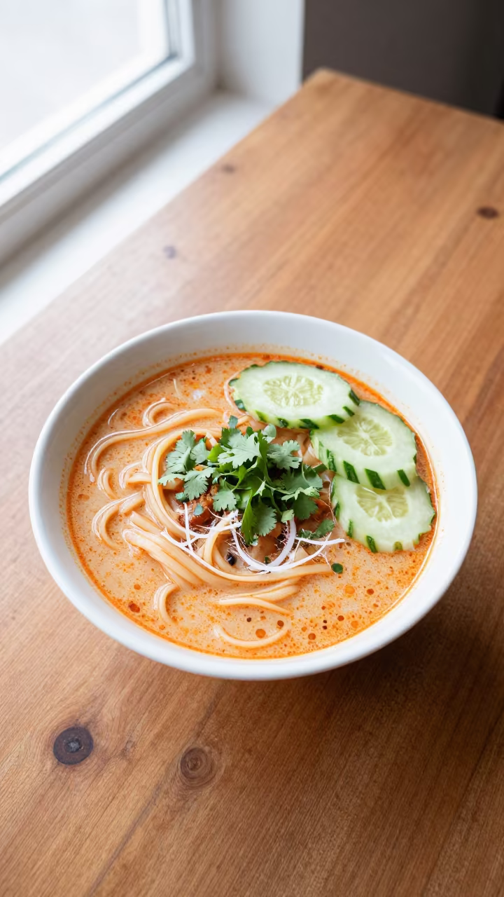 Laksa Bowl with Thick Noodles on Wood Table in on a rustic wooden table in Oujda
