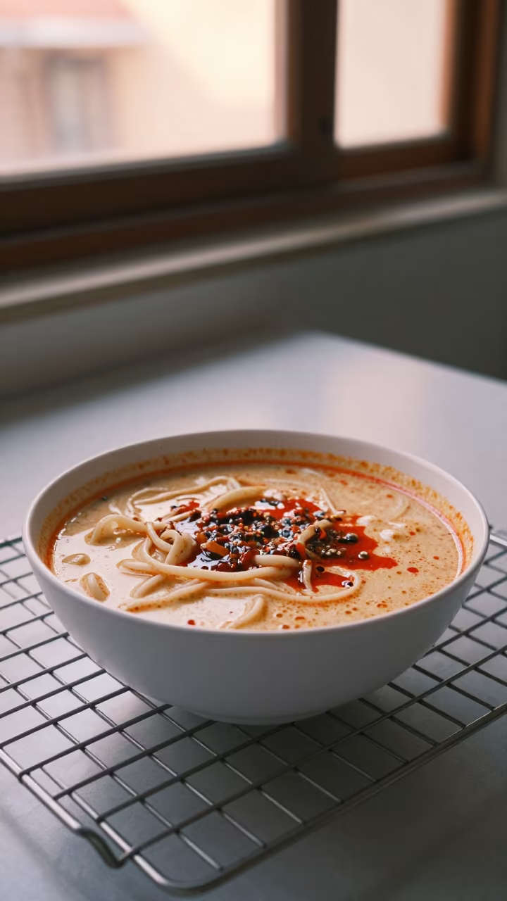Bowl of Laksa Lemak on Cooling Rack in Salalah in on a bakery cooling rack in Salalah