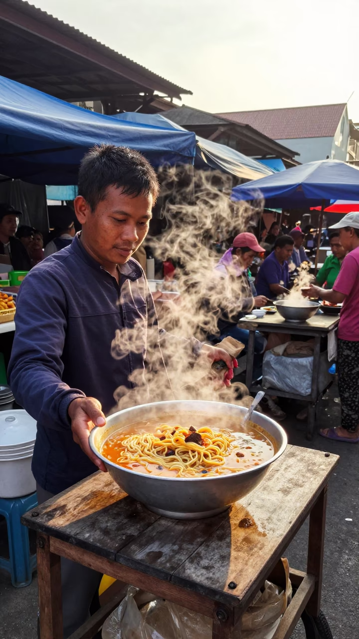 Laksa Lemak just after sunrise in Denpasar in in Denpasar, Indonesia