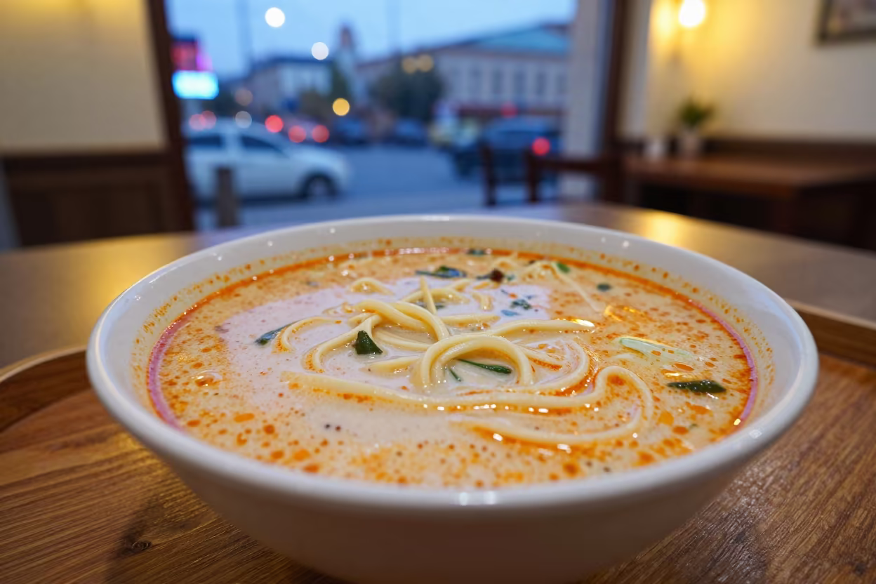 Laksa Lemak Noodles on Tea House Tray in on a tea house tray in Bishkek