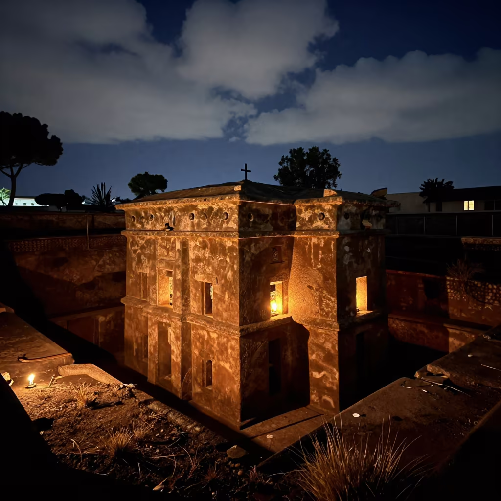 Lalibela Church in Benin City Courtyard Midnight in in a temple courtyard in Benin City