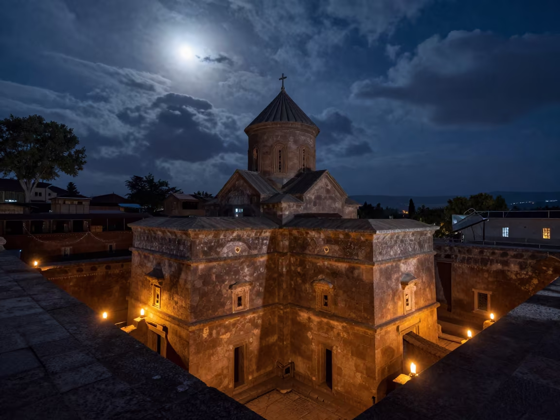 Lalibela Church Under Moonlit Overcast Night in in a shrine lined with lanterns near Entoto, Addis Ababa