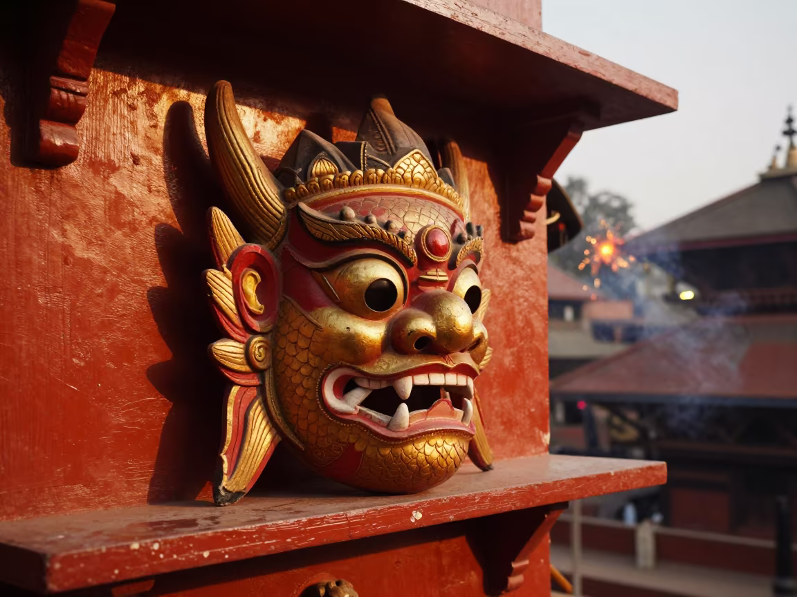 Lalitpur Dragon Mask Harvest Festival Display in on a lacquered display shelf in Lalitpur