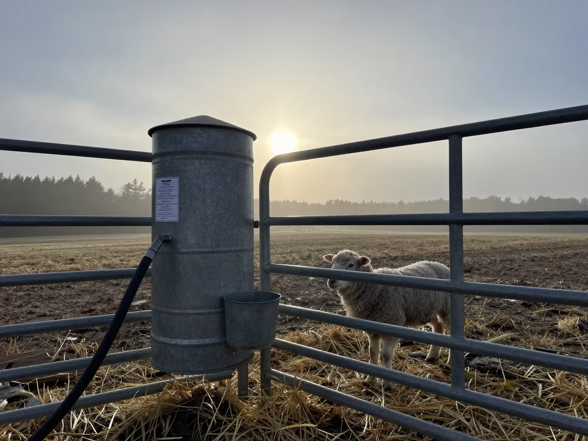 Lamb Feeder Cup at Dawn in New Brunswick Pasture in beside a pasture gate in New Brunswick