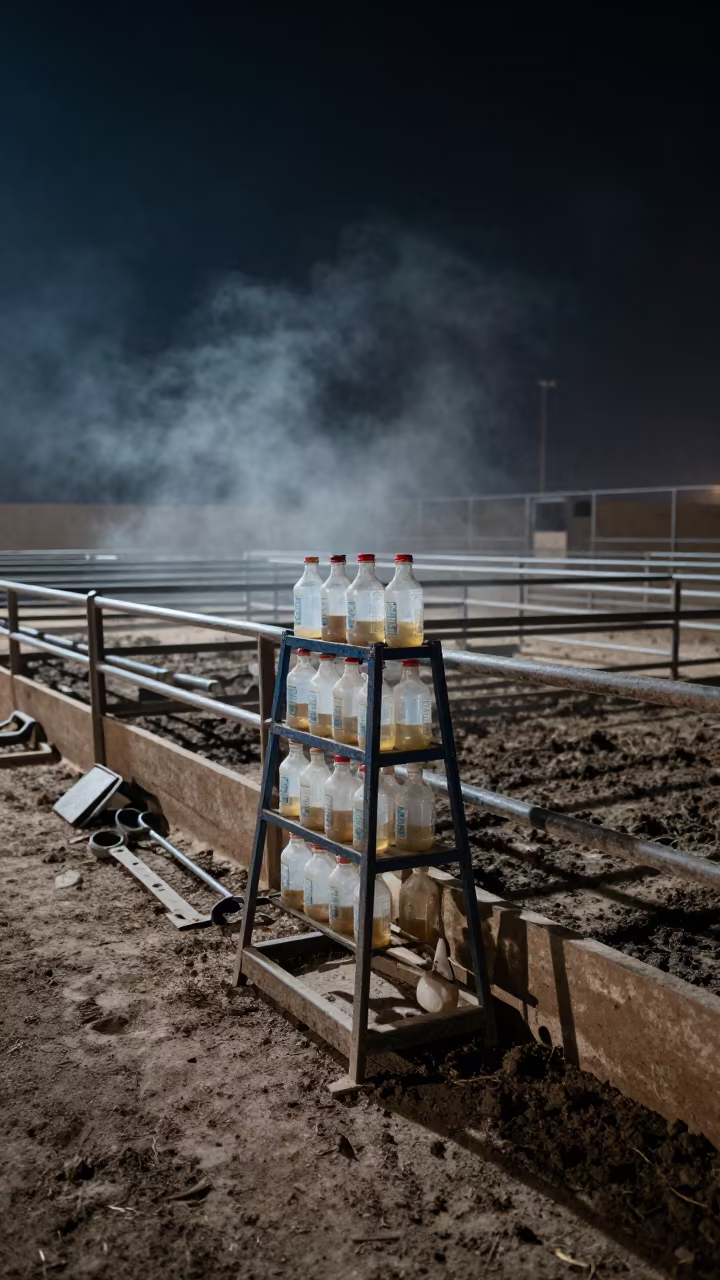 Lamb Feeding Rack in UAE Barn at Night in along a muddy paddock fence in United Arab Emirates