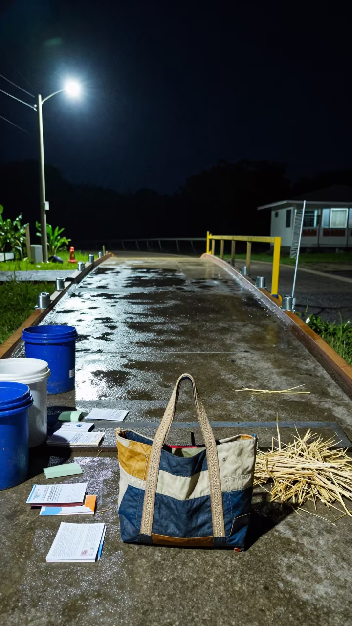 Lamb Jacket Repair Tote at Belize Stockyard Ramp in at a stockyard loading ramp in Belize