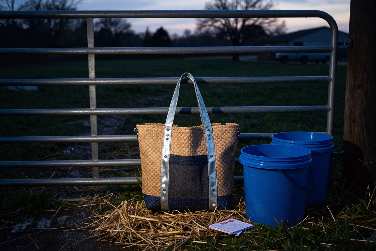 Lamb Jacket Repair Tote Beside Pasture Gate in beside a pasture gate in Lebanon