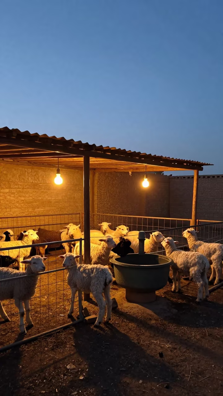 Lamb Nursery Pen Glowing Under Evening Warmth in near a windbreak and water trough in Uzbekistan