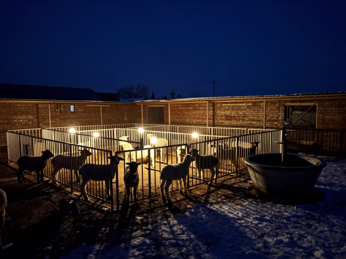 Lamb Nursery Pen Night Silhouette Belarus in near a windbreak and water trough in Belarus