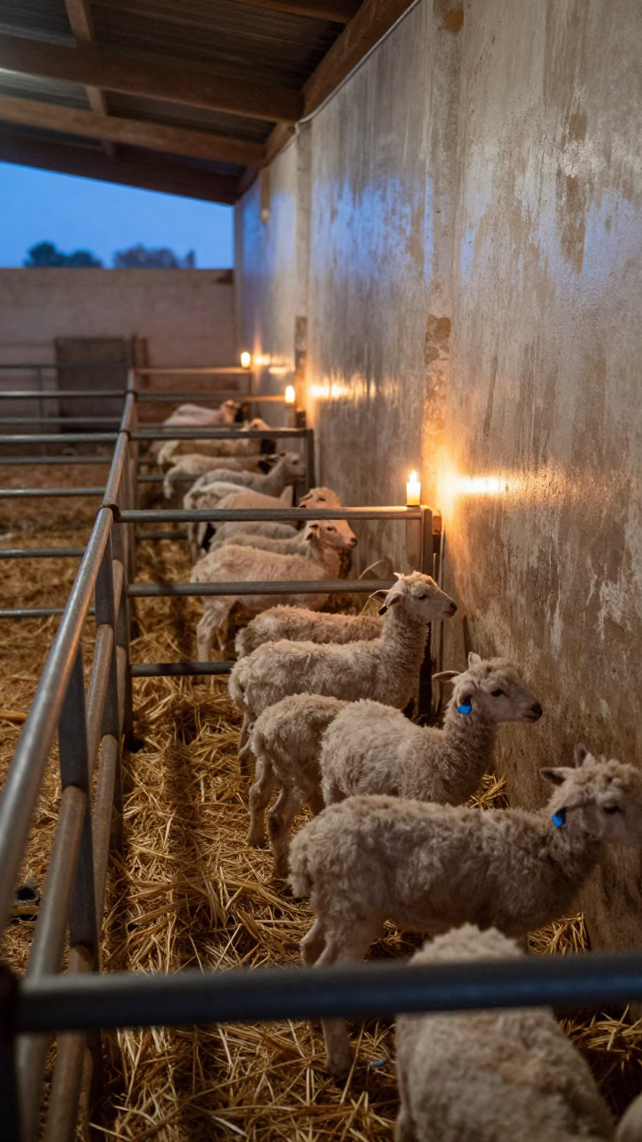 Lamb in Straw Pen Under Candlelight in inside a shearing shed in the Sahara