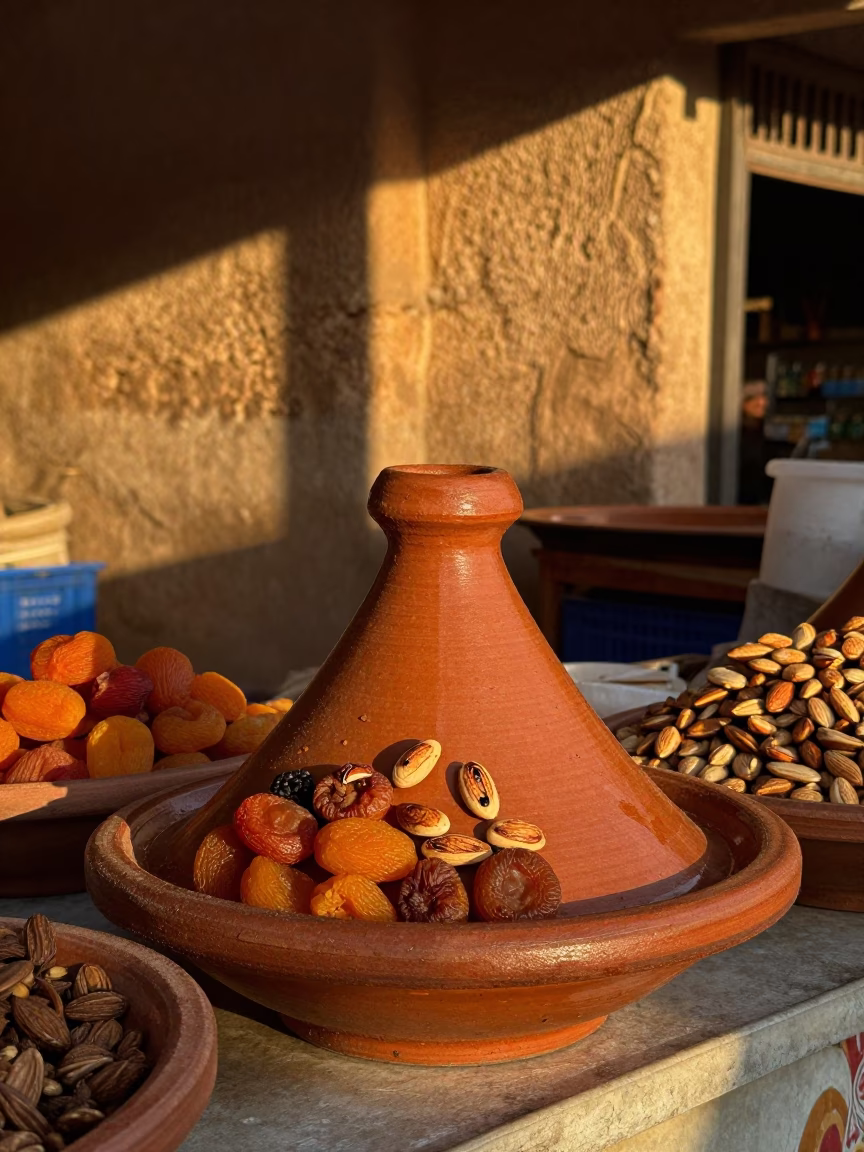 Lamb Tagine with Apricots and Almonds at Market in at a market stall counter in Al Hudaydah