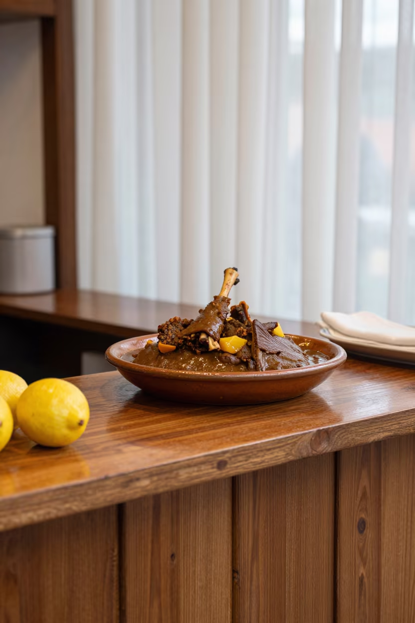 Lamb Tagine and Preserved Lemon on Suzhou Counter in at a market stall counter in Suzhou