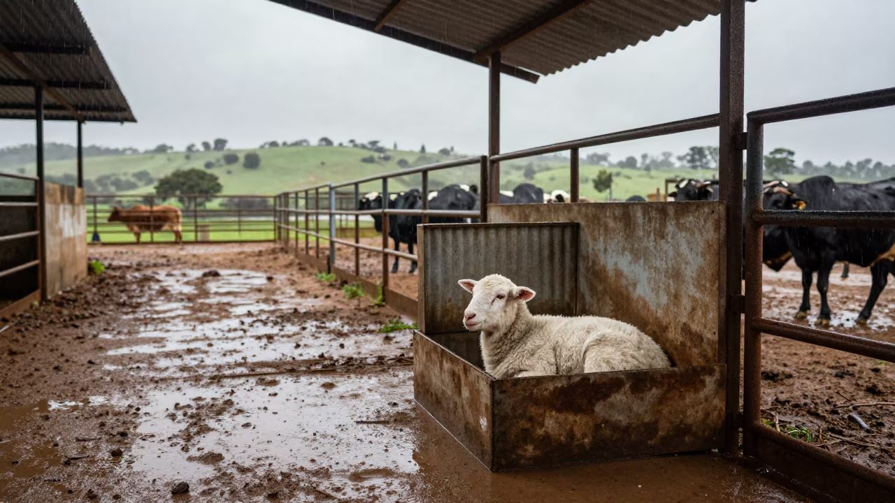 Lamb in Corner of Warming Box at Malawi Stockyard in at a stockyard loading ramp in Malawi
