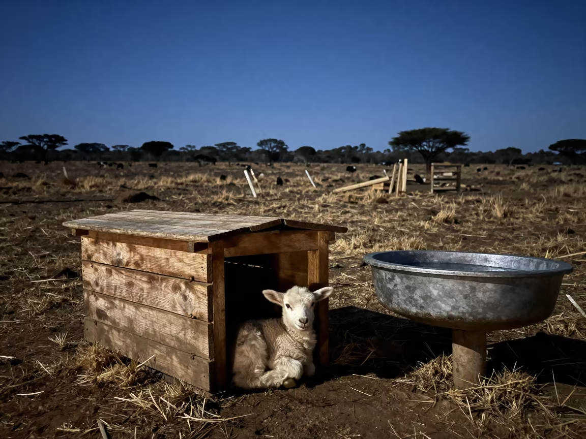 Lamb in Corner of Warming Box at Night in near a windbreak and water trough in South Africa