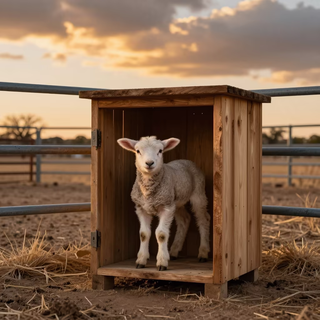 Lamb in Corner Warming Box Texas in along a muddy paddock fence in Texas