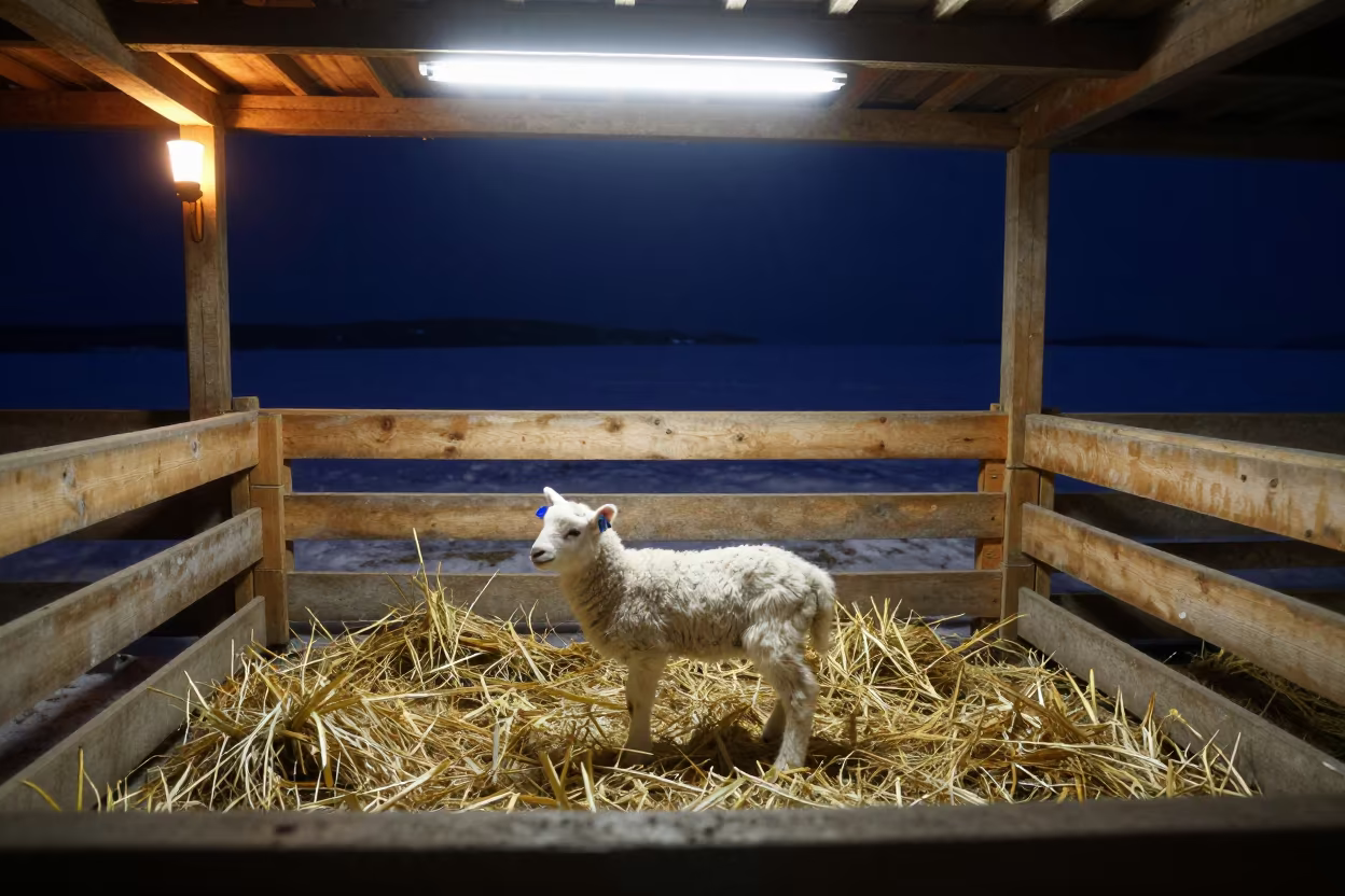 Lambing Barn Night with Straw and Blue Tags in inside a lambing barn in Inner Mongolia