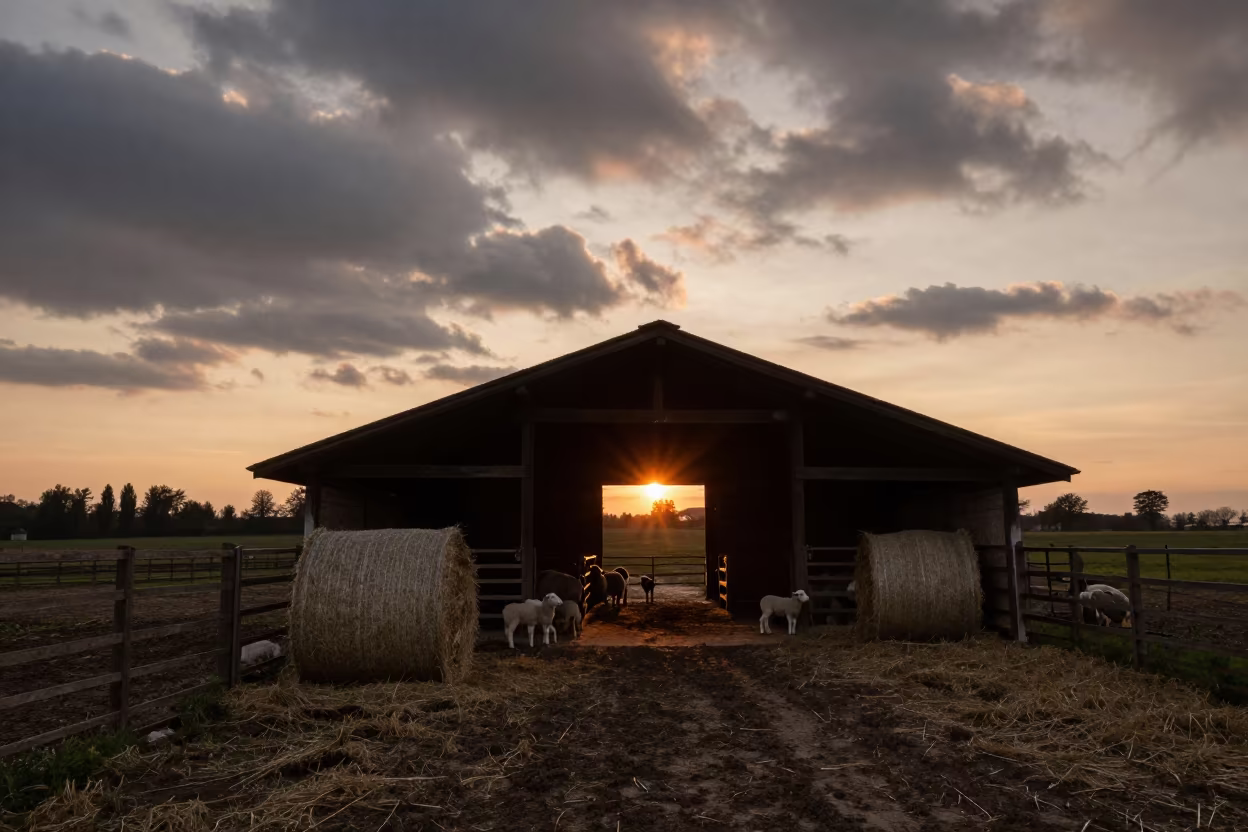 Lambing Barn Silhouette at Golden Hour in Lombardy in along a muddy paddock fence in Lombardy