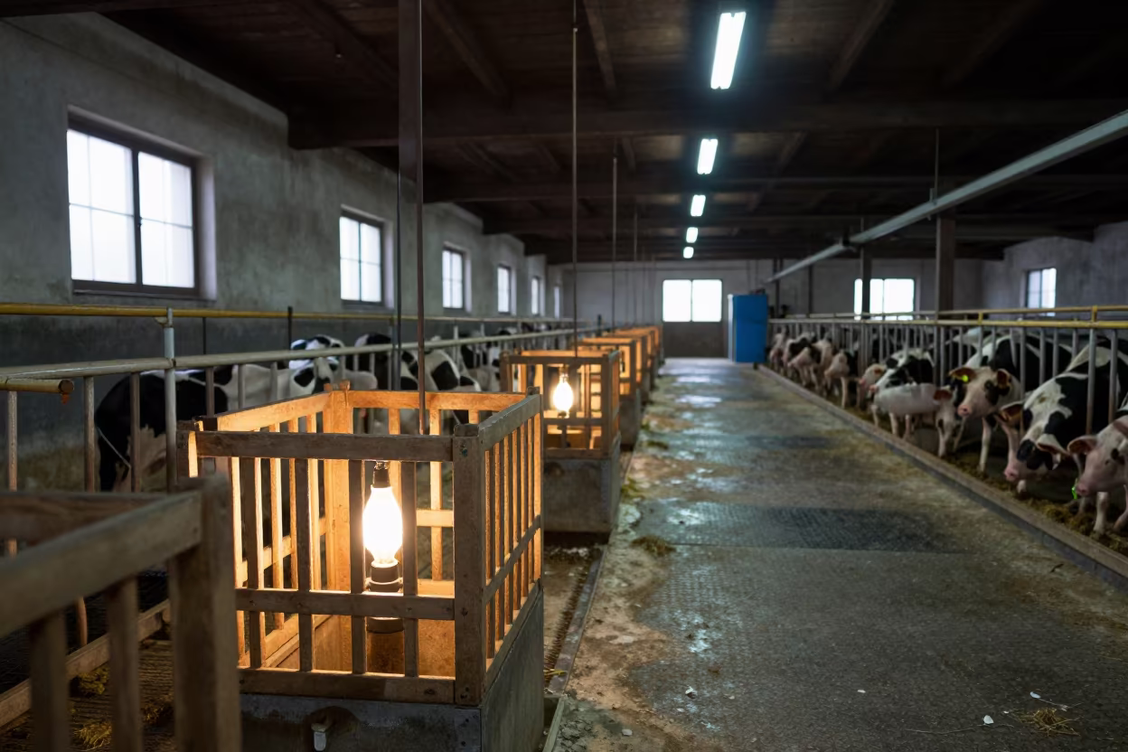 Lambing Crate Heat Lamp in Liguria Parlor in inside a milking parlor in Liguria