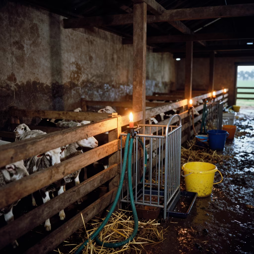 Lambing Pen Cleanup Under Warm Barn Light in beside a veterinary crush in a barn in Niger
