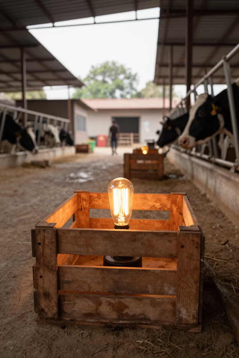 Lambing Pen Heat Lamp Before Morning Rounds in inside a milking parlor in Bihar