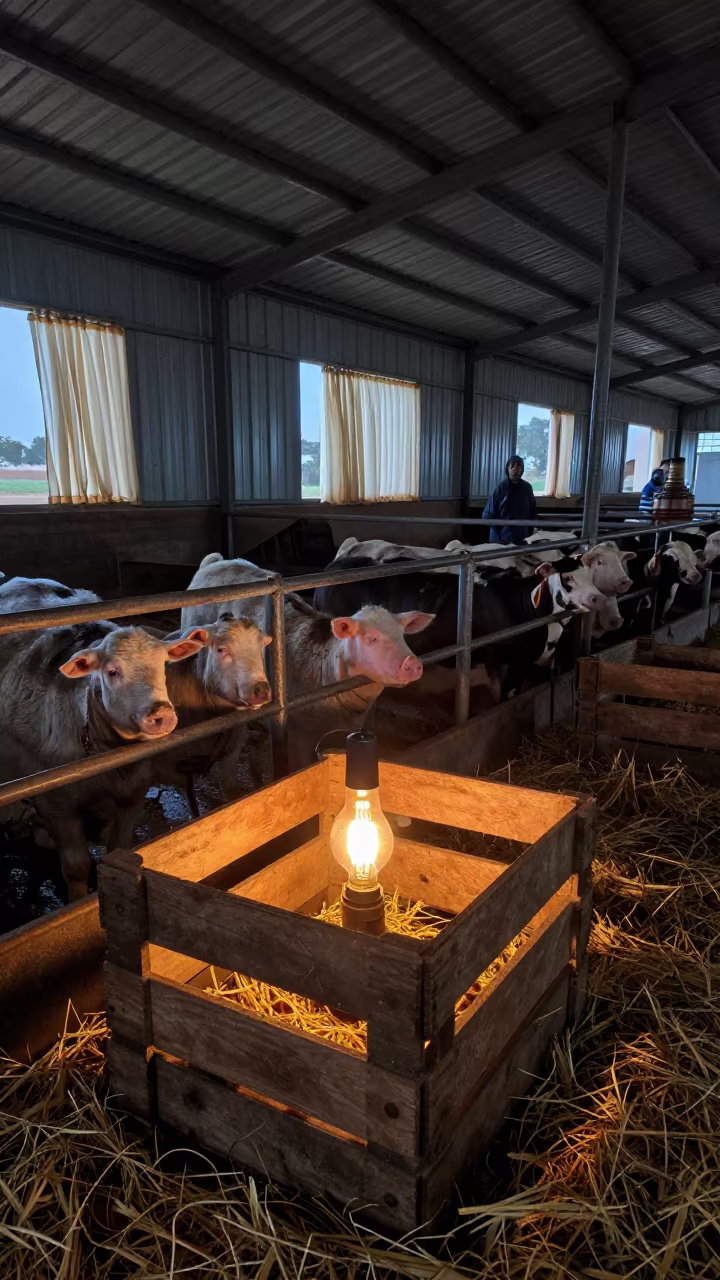 Lambing Pen Heat Lamp at Dawn in Mali in inside a milking parlor in Mali