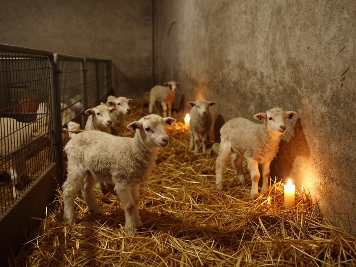 Lambing Pen with Straw and Blue Tags in in a poultry house aisle in Morocco