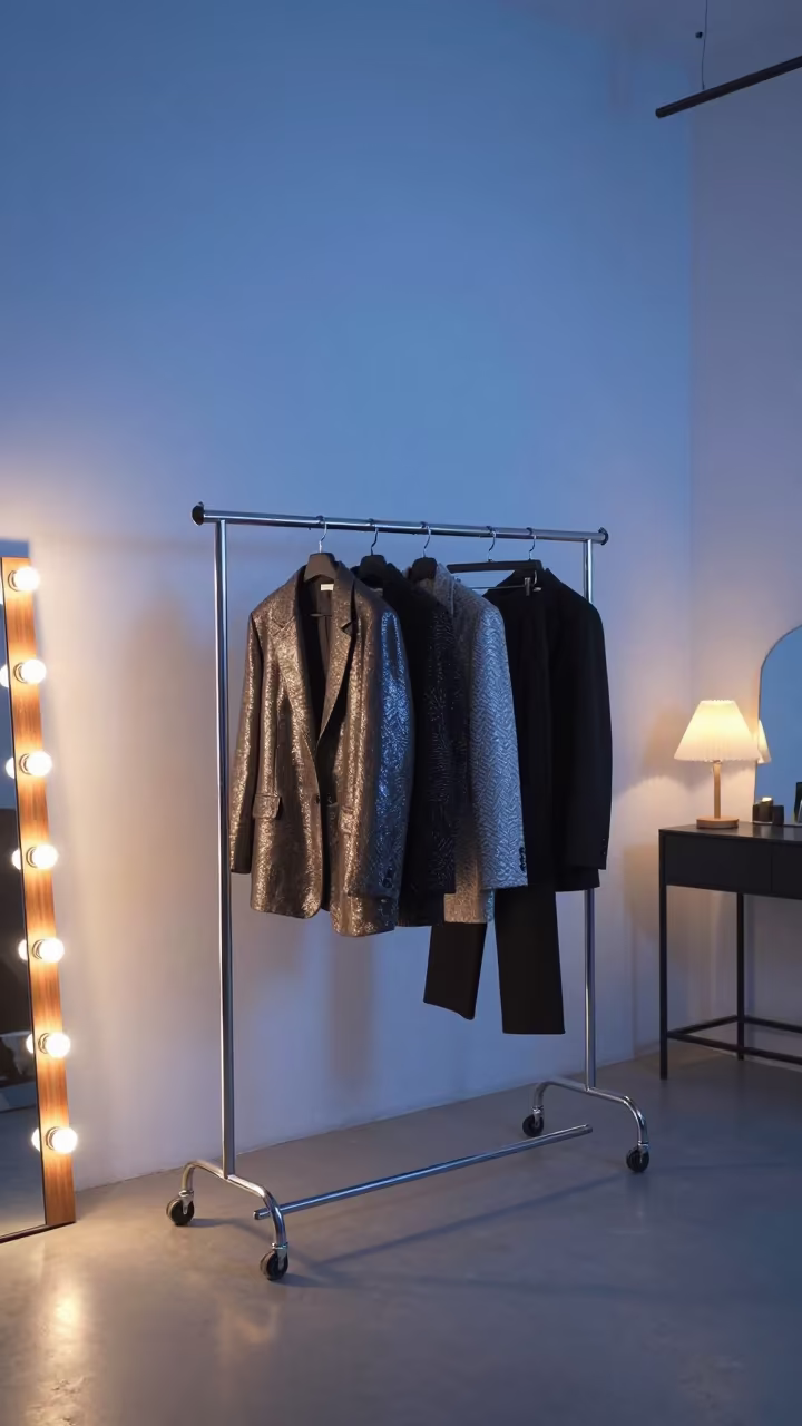 Lamé Garments on Rack in Beijing Twilight in beside a mirror lined with makeup bulbs in Beijing