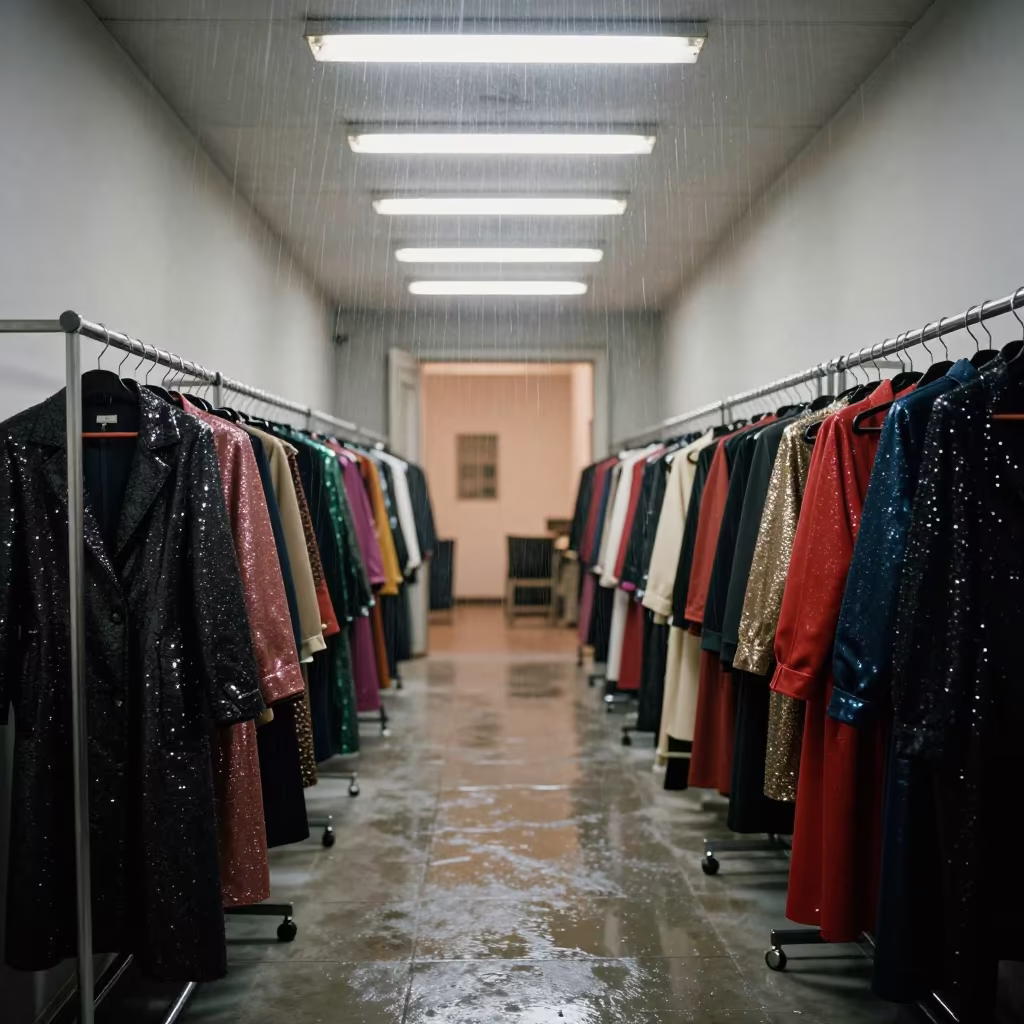 Lamé Garments in Upward Rain Backstage Zarqa in in a backstage changing corridor in Zarqa