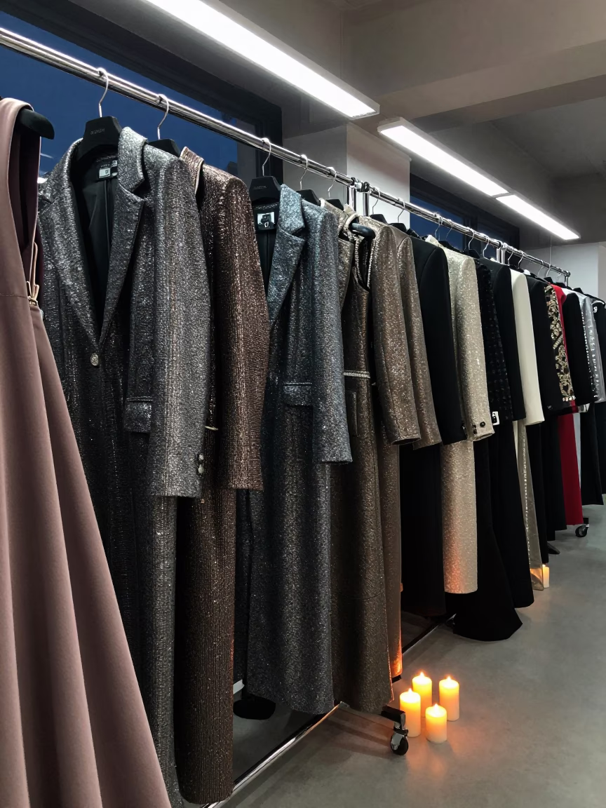 Lamé Outerwear on Rack in Aydın Atelier in inside a couture atelier in Aydın