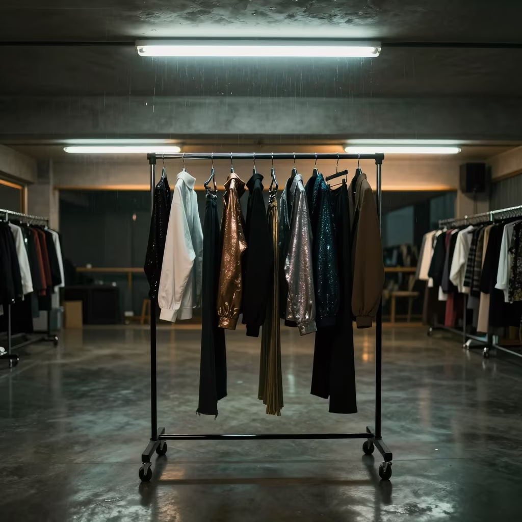 Lamé Outerwear on Rack Under Rehearsal Lights in under runway rehearsal lights near Monywa