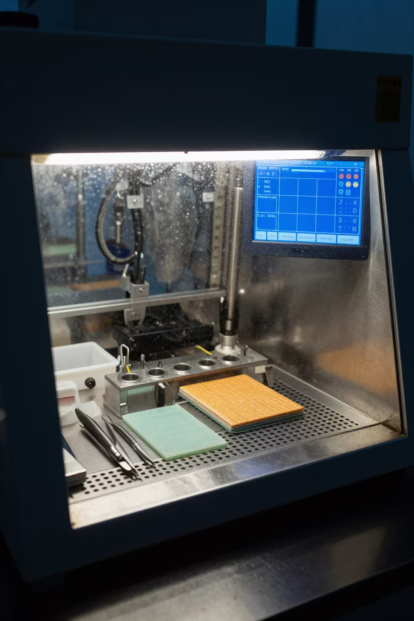 Laminar Hood Microtools Silicon Wafers Dawn in in a fossil prep lab in Delmas