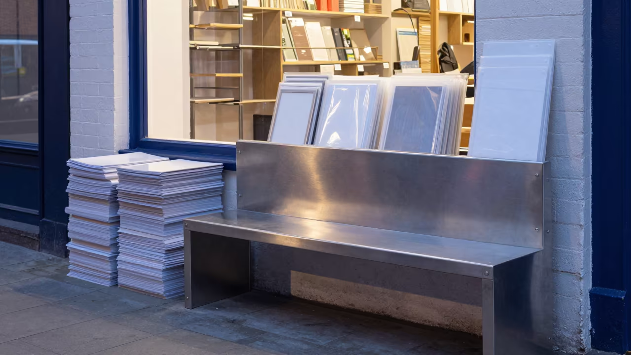 Laminator Bench in Winter Brixton Shop Aisle in inside a bright retail aisle in Brixton, London