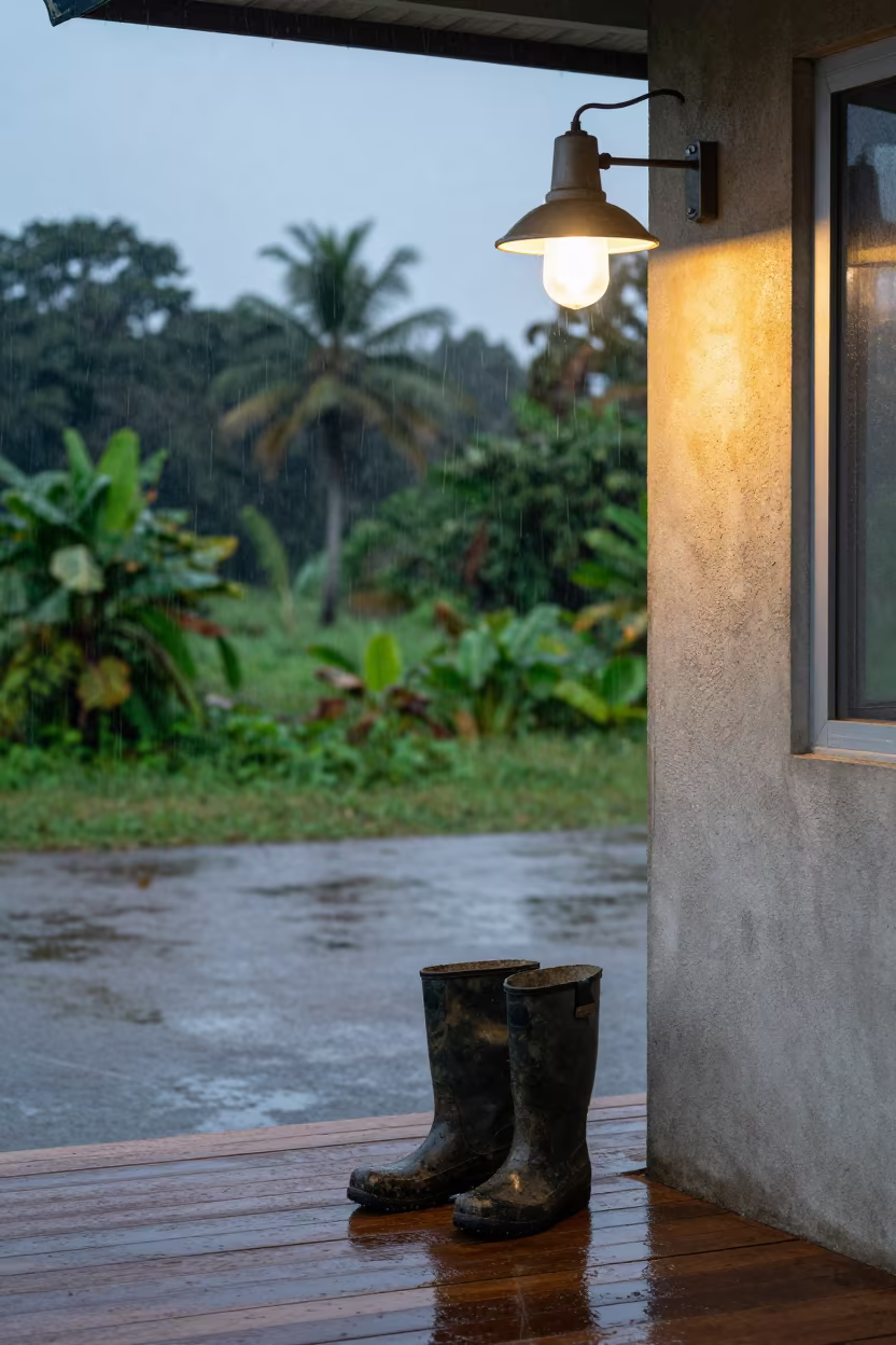 Lamp Burns Above Boots in Bouake Rain in at a remote field station in Bouake