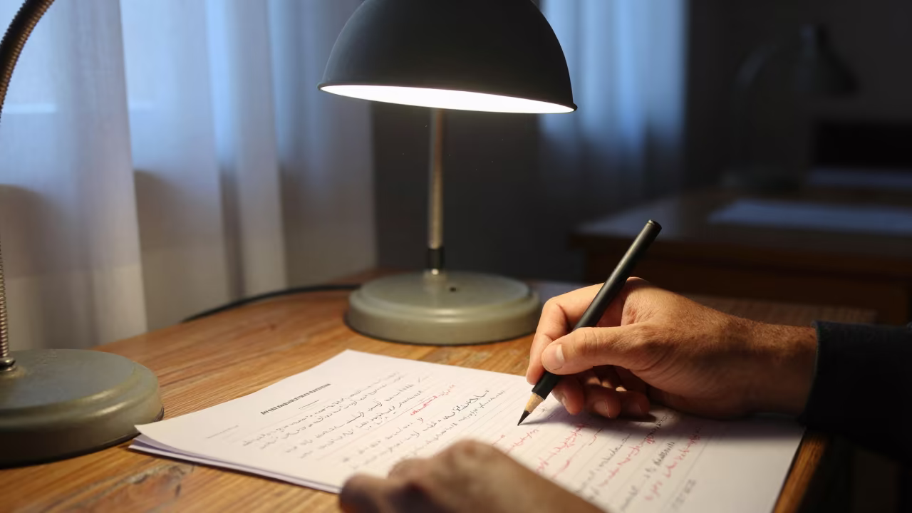 Lamp Light on Marked Essays in Fallujah Lecture Hall in in a lecture hall before the crowd arrives in Fallujah