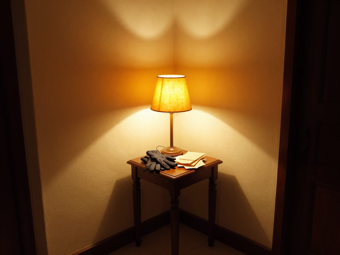 Lamp Light Over Gloves and Letters in Hallway in in a sunlit living room in Antananarivo