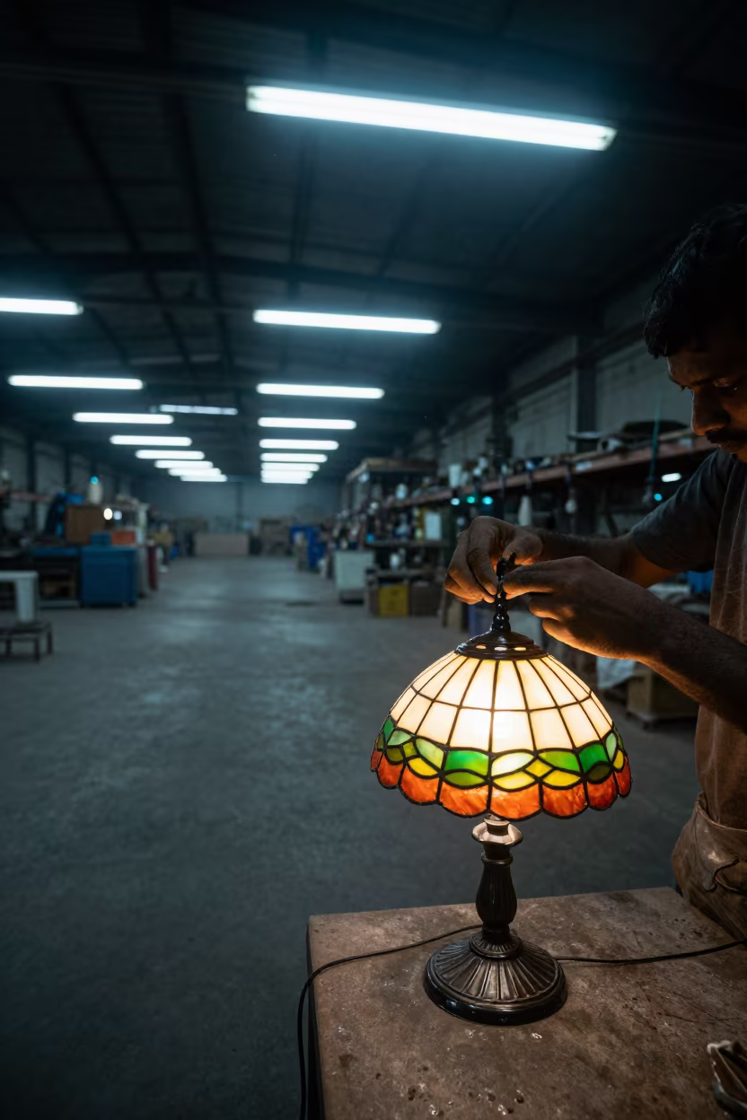 Lamp Maker Assembles Glass Shade in in a warehouse loft in Chennai