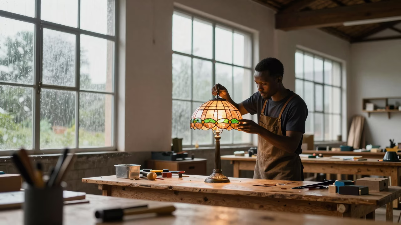 Lamp Maker Assembling Tiffany Shade in Kumba Loft in in a warehouse loft in Kumba