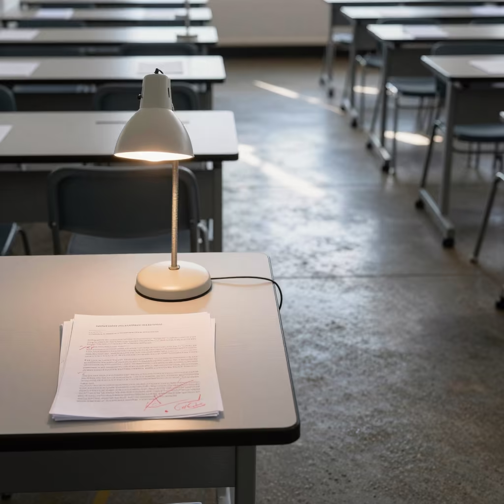 Lamp Over Marked Essays Before Dawn in at a seminar table covered in notes near Chicago