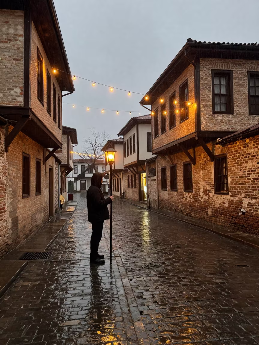 Lamplighter in Çorlu Twilight String Lights in in the old quarter in Çorlu