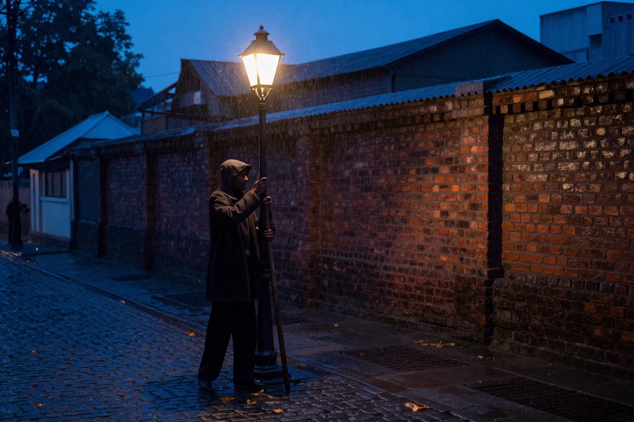 Lamplighter Ignites Gas Lamp Twilight Godavarikhani in in the old quarter in Godavarikhani