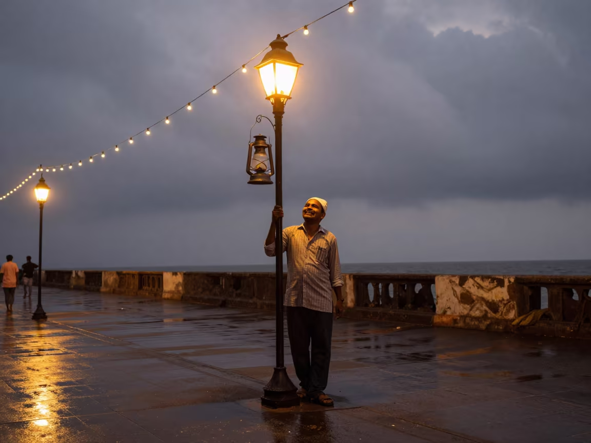 Lamplighter Ignites Gas Lamp Twilight Monsoon in in Visakhapatnam
