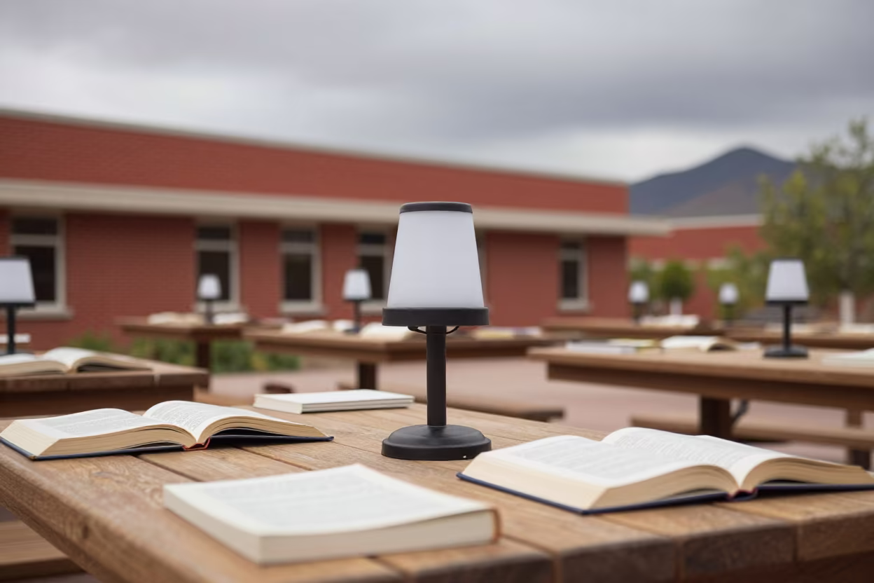 Lamps and Books Outside El Paso Library in outside a brick lecture building in El Paso
